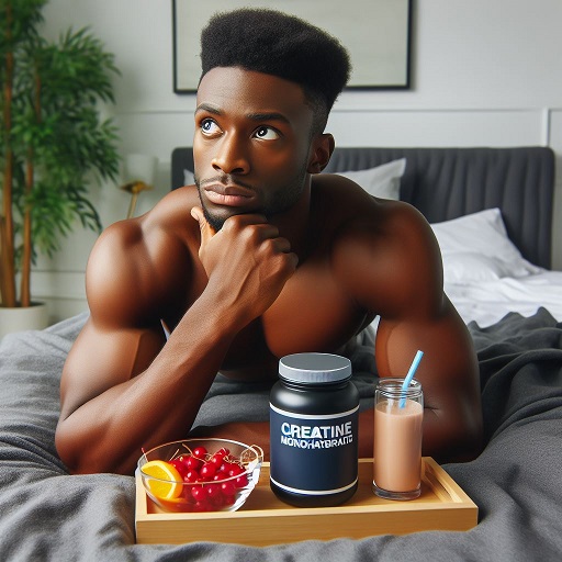 A fitness man on the bed thinking about creatine monohydrate consumption on rest day