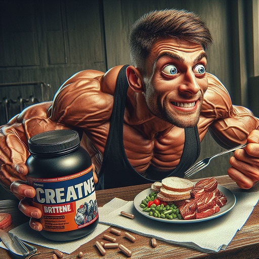 a hungry fitness man seeking for food with creatine supplement buttle funny digital art