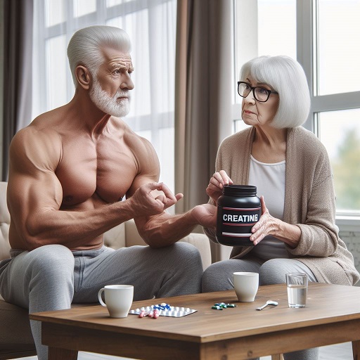 an old man and old women that are hardly discuss about creatine supplement usage in elderly whle they have creatine buttle